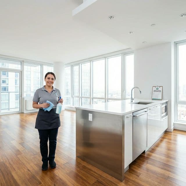 A professional cleaner in an empty, spotless modern apartment.