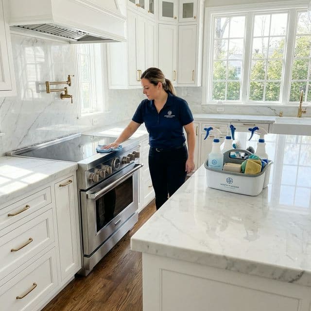A professional cleaner deep cleaning a luxury kitchen.