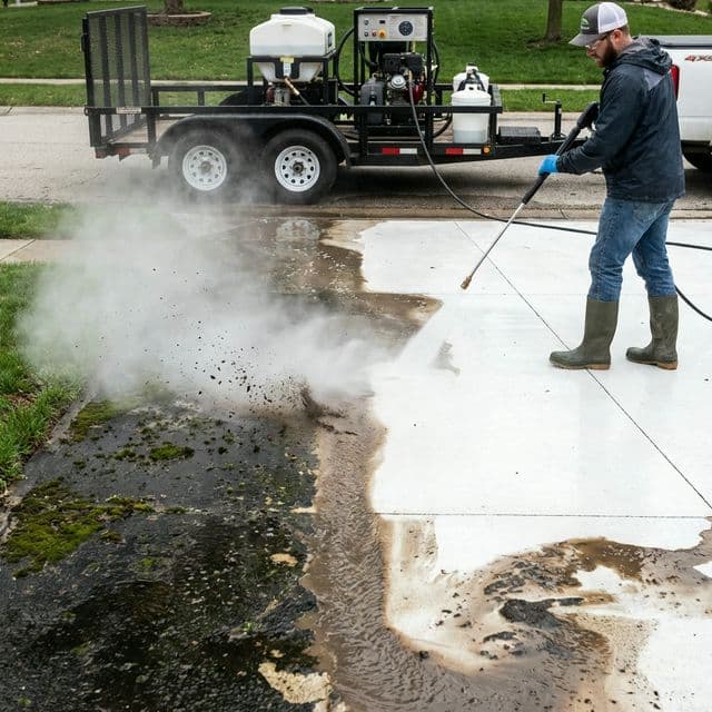High pressure washing a concrete driveway.