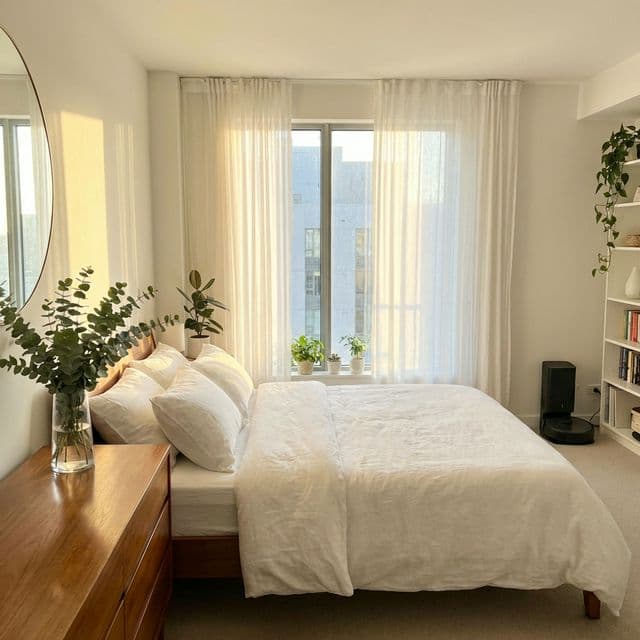 Sunlight streaming into a beautifully organized and sparkling clean bedroom.