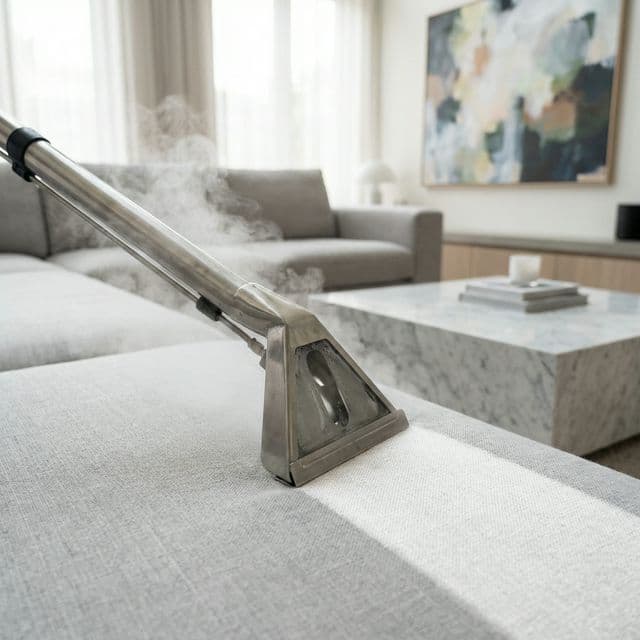 Professional steam cleaning a luxury fabric sofa.